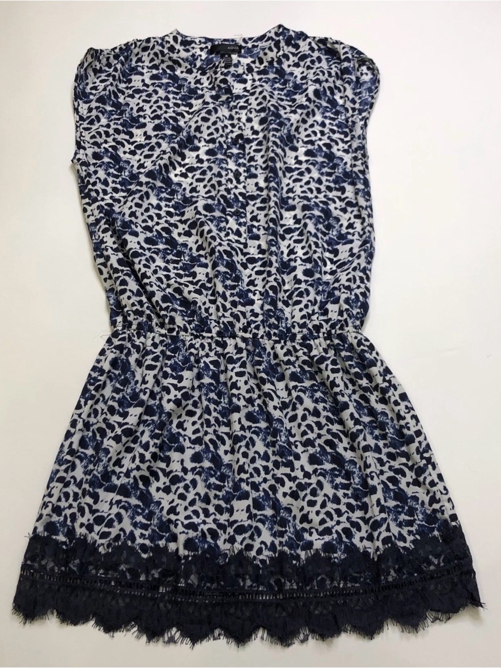 Aqua Navy and White Printed Lace-Hem Mini Dress